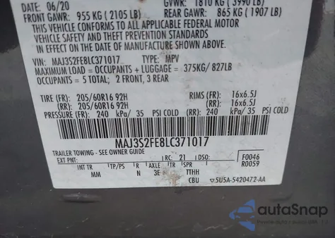 2020 Ford Ecosport S from USA, damaged, VIN MAJ3S2FE8LC371017